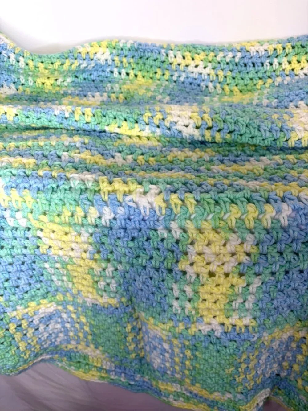 Handmade Crochet Baby Blanket Blue Green Yellow White Grandmacore Nursery Throw
